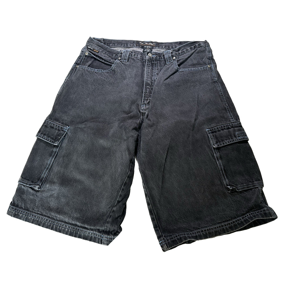 Moffat Collection Baggy Cargo Shorts Faded Black Denim sz 38 Cotton Hip Hop 90s